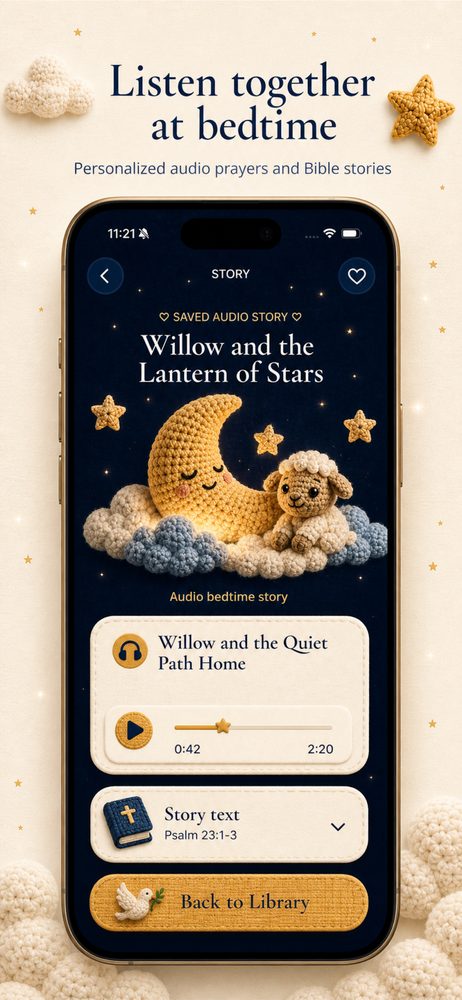 A personalized audio bedtime story playing in Tiny Psalms with story text from Psalm 23