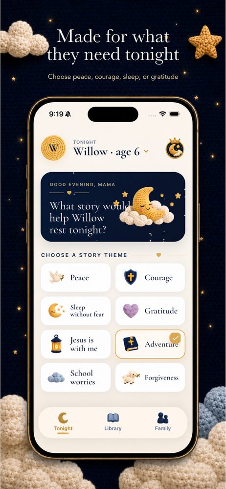 Tonight tab in the Tiny Psalms app — choosing a bedtime story theme like peace, courage, or sleep without fear for a child