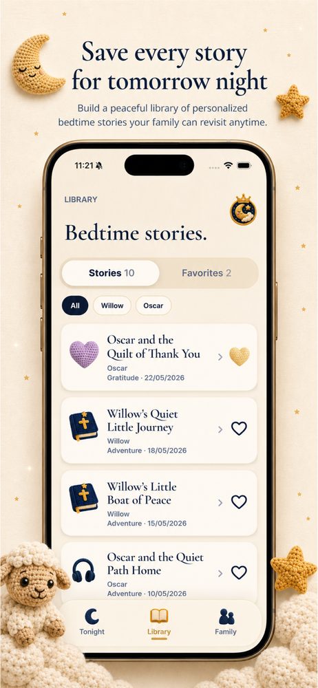 Tiny Psalms library of saved personalized bedtime stories with favorites for each child
